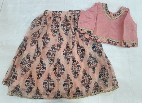 PEACH GEORGETTE ORGANZA FLOWER PRINT TOP SKIRT WITH DUPTTA KIDS SET
