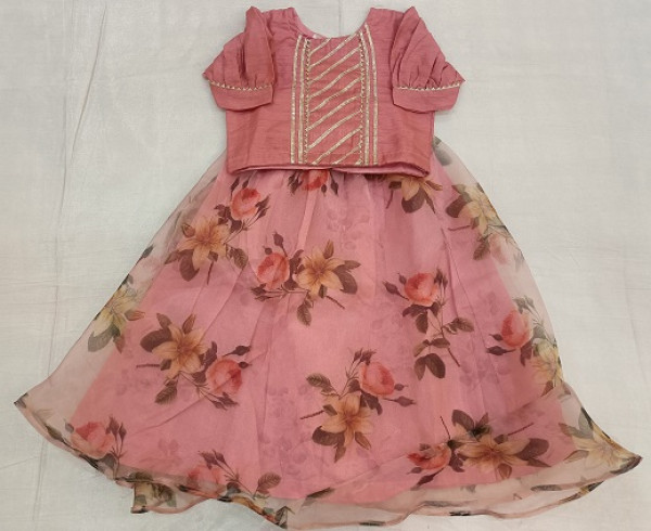 PINK GEORGETTE ORGANZA FLOWER PRINT TOP SKIRT WITH DUPPTTA KIDS SET