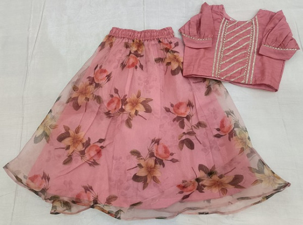 PINK GEORGETTE ORGANZA FLOWER PRINT TOP SKIRT WITH DUPPTTA KIDS SET