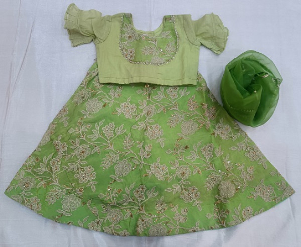 MINT GREEN HANDWORK TOP SKIRT WITH DUPTTA KIDS SET