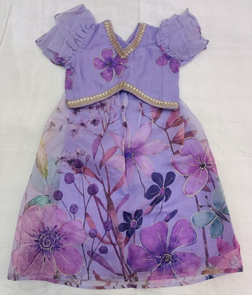 PURPLE ORGANZA FLOWER PRINT TOP SKIRT KIDS SET
