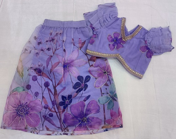 PURPLE ORGANZA FLOWER PRINT TOP SKIRT KIDS SET