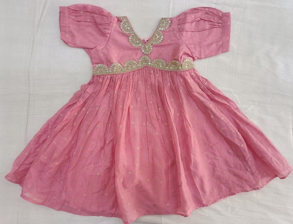 Image of BABY PINK CHANDERI GOTA FROCK KIDS SET