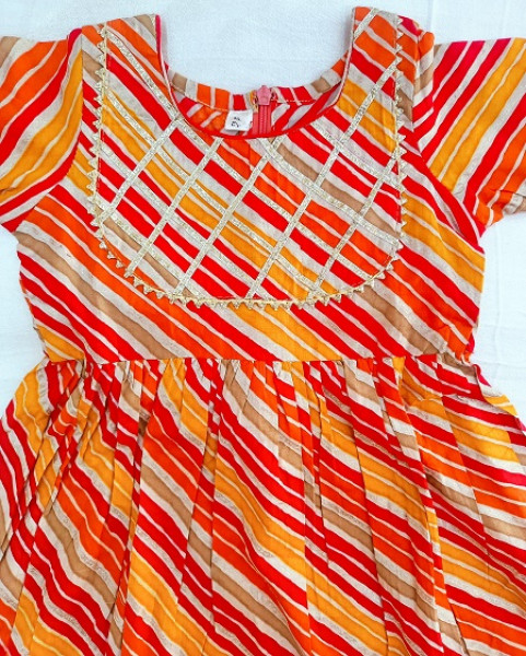COTTON MULTI LEHRIYA GOTA FROCK KIDS SET