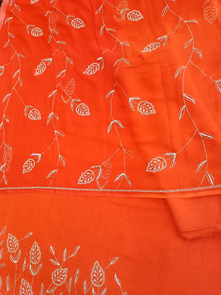 Image of ORANGE DOLASILK SUIT WITH SHIFFON DUPTTA HANDWORK AND SANTOON PANTS