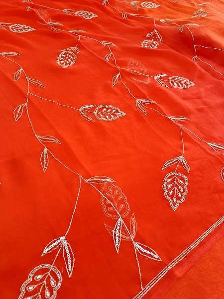 ORANGE DOLASILK SUIT WITH SHIFFON DUPTTA HANDWORK AND SANTOON PANTS