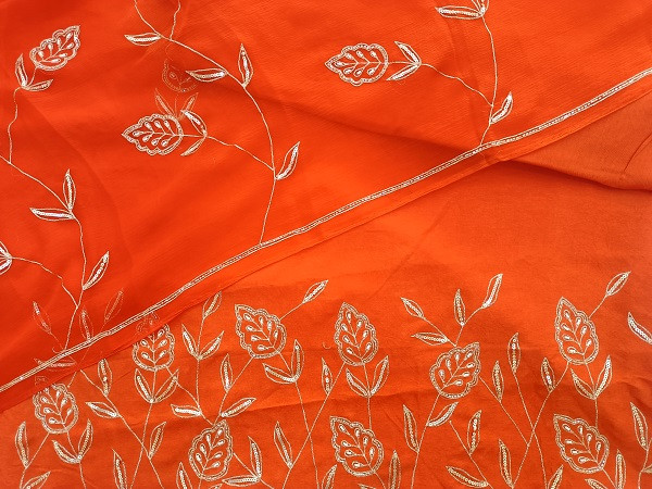 ORANGE DOLASILK SUIT WITH SHIFFON DUPTTA HANDWORK AND SANTOON PANTS