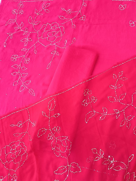 RANI HANDWORK DOLASILK SUIT WITH SHIFFON DUPPTTA AND SANTOON PANT UNSTITCHED SET