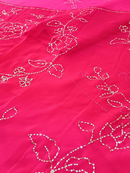 RANI HANDWORK DOLASILK SUIT WITH SHIFFON DUPPTTA AND SANTOON PANT UNSTITCHED SET