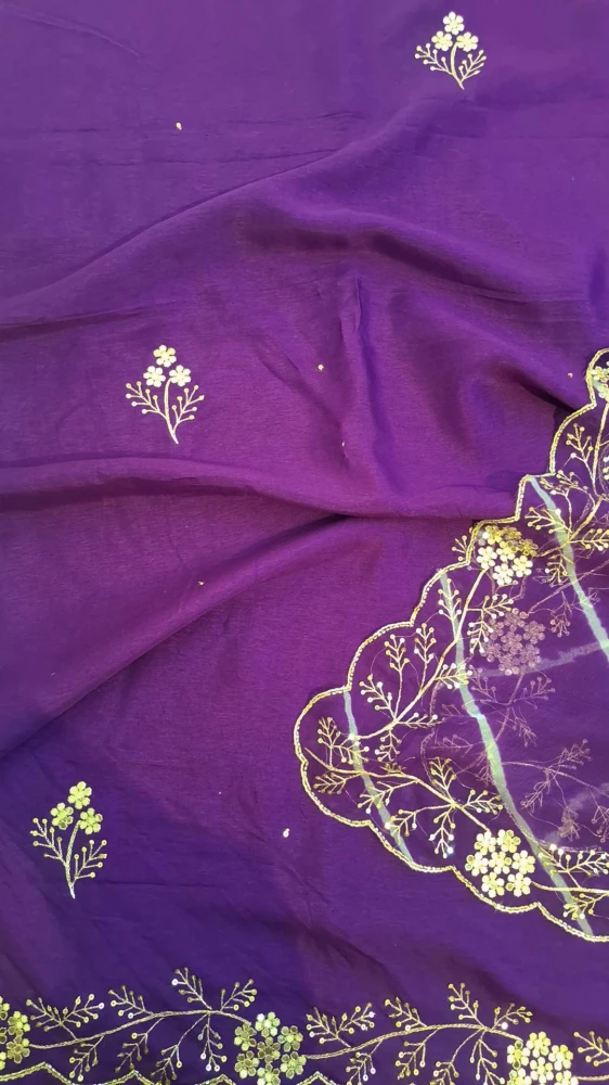 Image of PURPLE HANDWORK WITH LEHRIYA SHIFFON DUPPTTA  AND PANTS SET