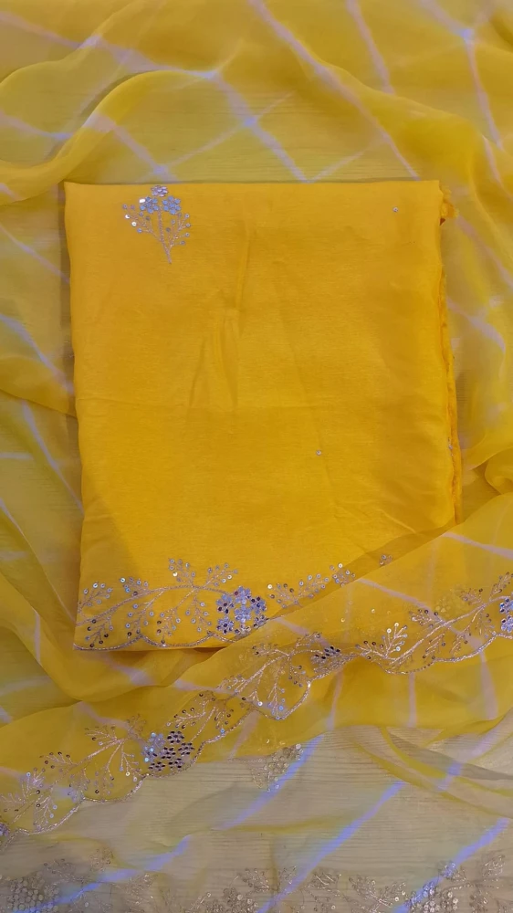 Image of YELLOW HANDWORK WITH SHIFFON LEHRIYA DUPPTTA UNSTITCHED SET