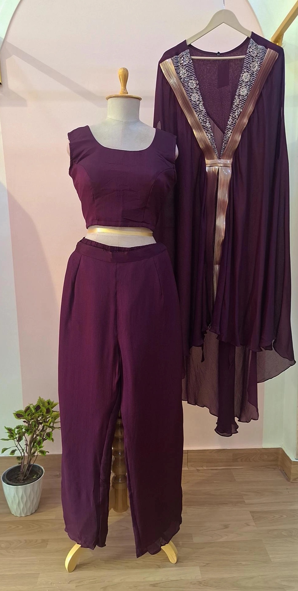 WINE CROP TOP WITH PANT AND CAPE SET