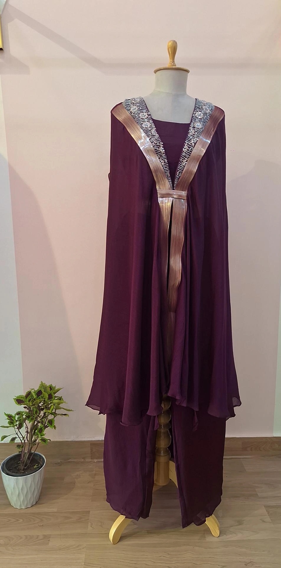 WINE CROP TOP WITH PANT AND CAPE SET