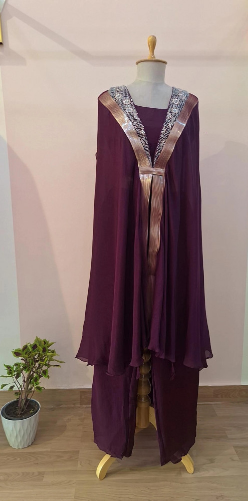 Image of WINE CROP TOP WITH PANT AND CAPE SET