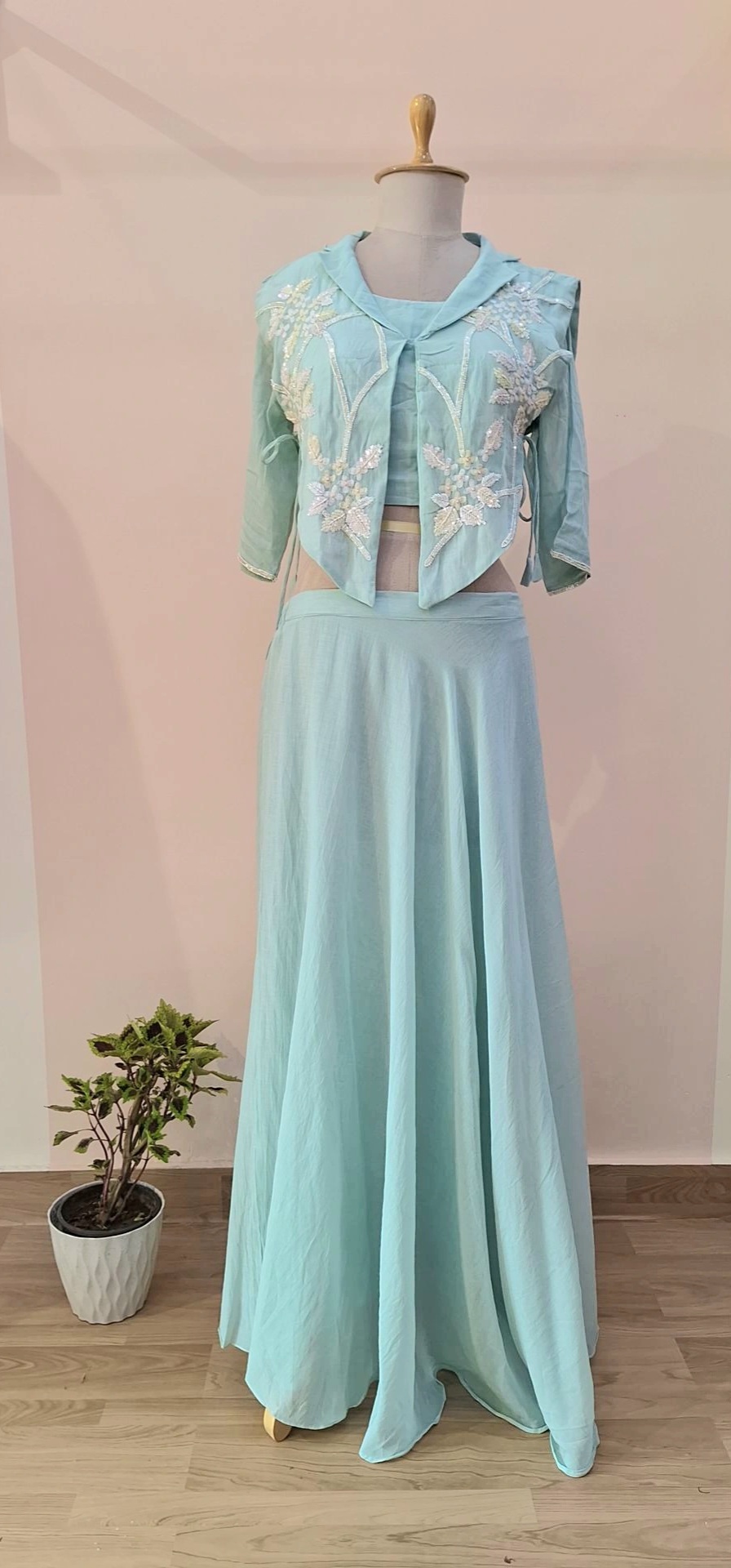 POWDER BLUE CROP TOP WITH FLAYED PLAZO AND CAPE SET
