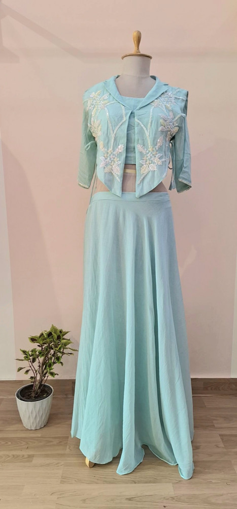 Image of POWDER BLUE CROP TOP WITH FLAYED PLAZO AND CAPE SET