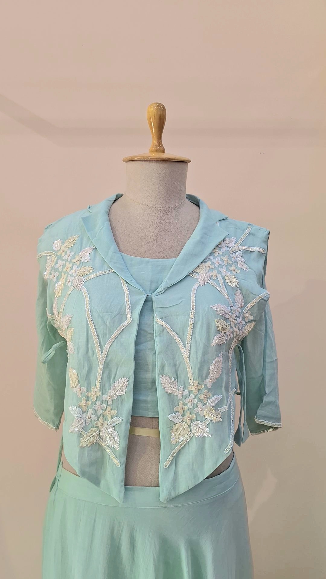 POWDER BLUE CROP TOP WITH FLAYED PLAZO AND CAPE SET