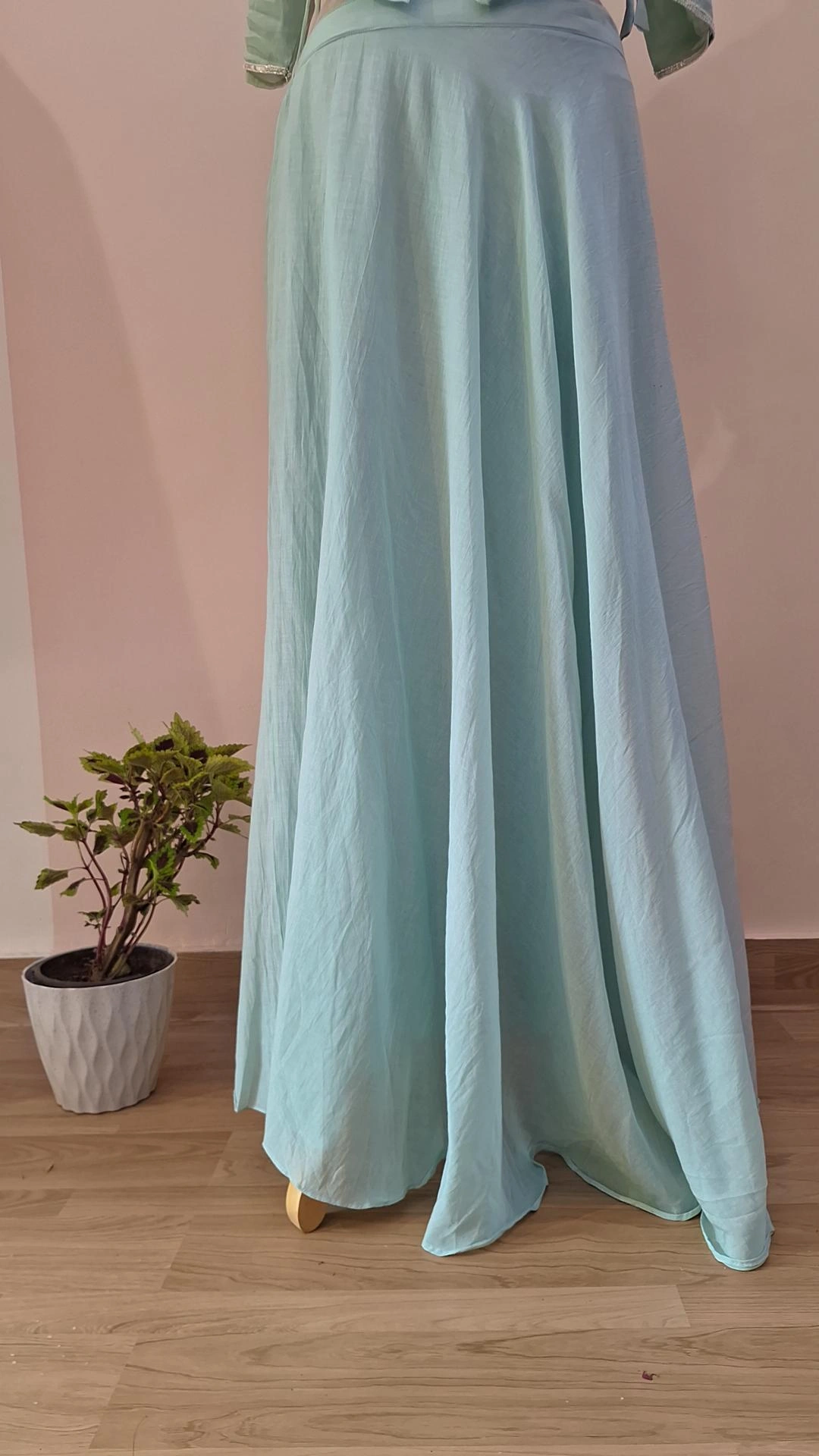 POWDER BLUE CROP TOP WITH FLAYED PLAZO AND CAPE SET