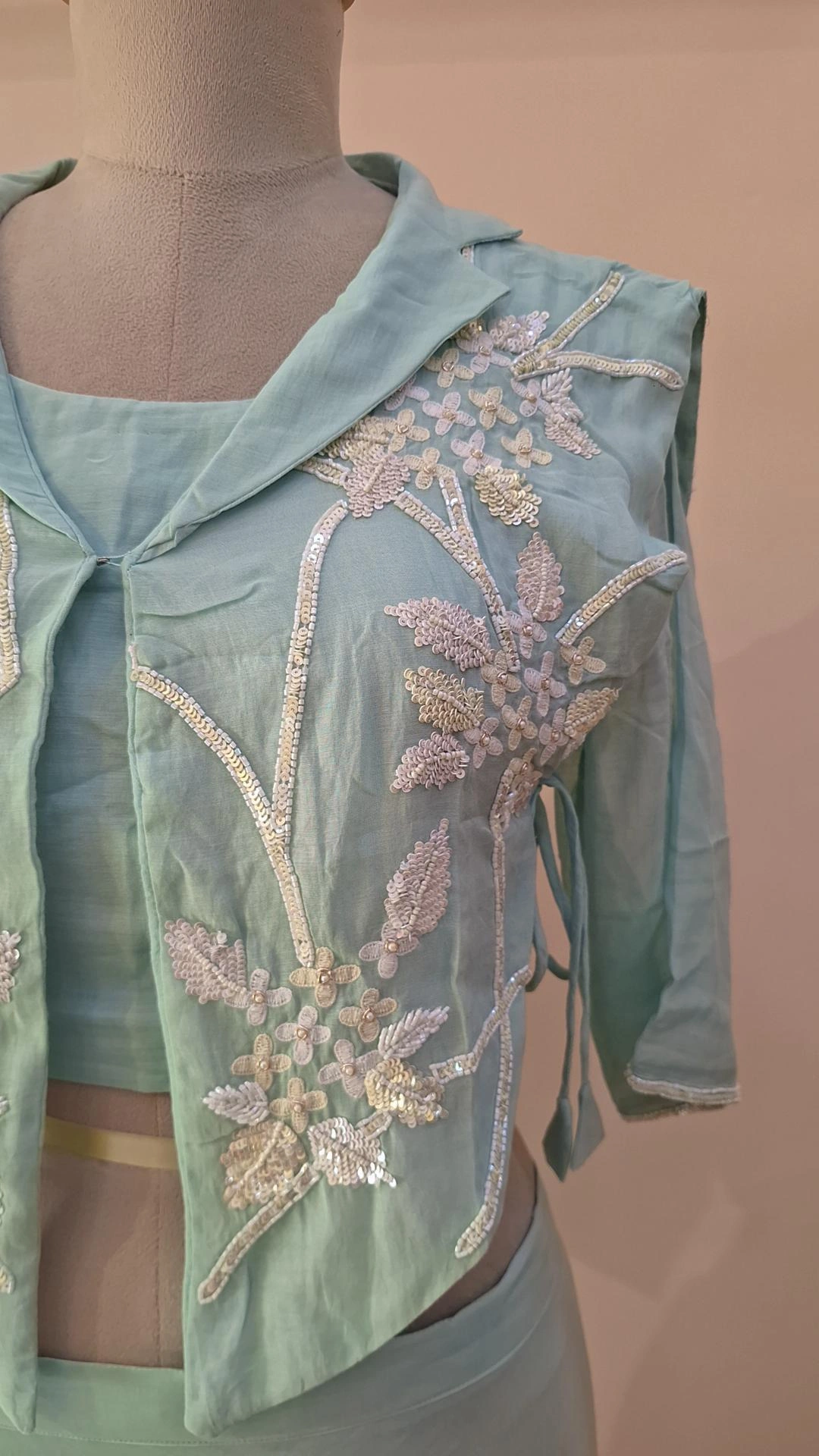 POWDER BLUE CROP TOP WITH FLAYED PLAZO AND CAPE SET