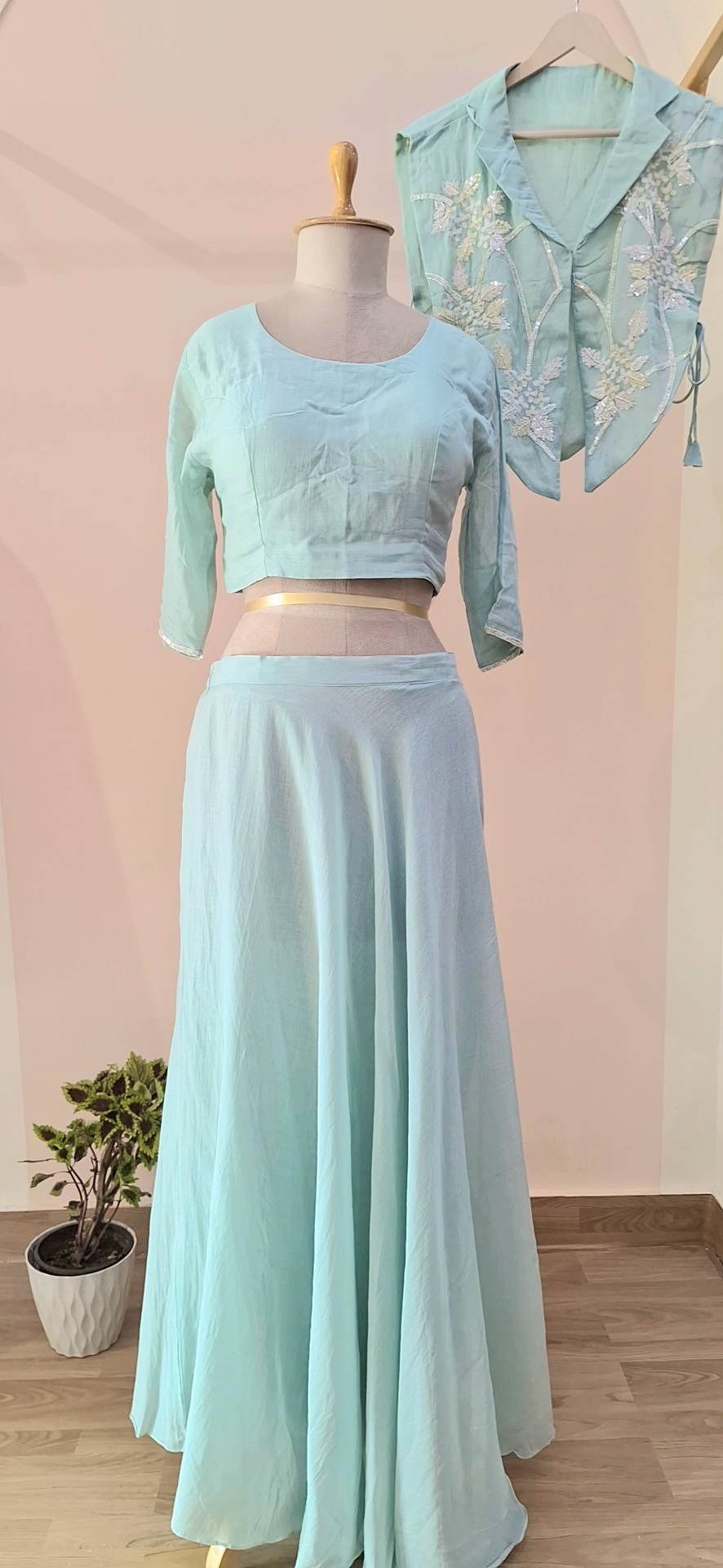 POWDER BLUE CROP TOP WITH FLAYED PLAZO AND CAPE SET