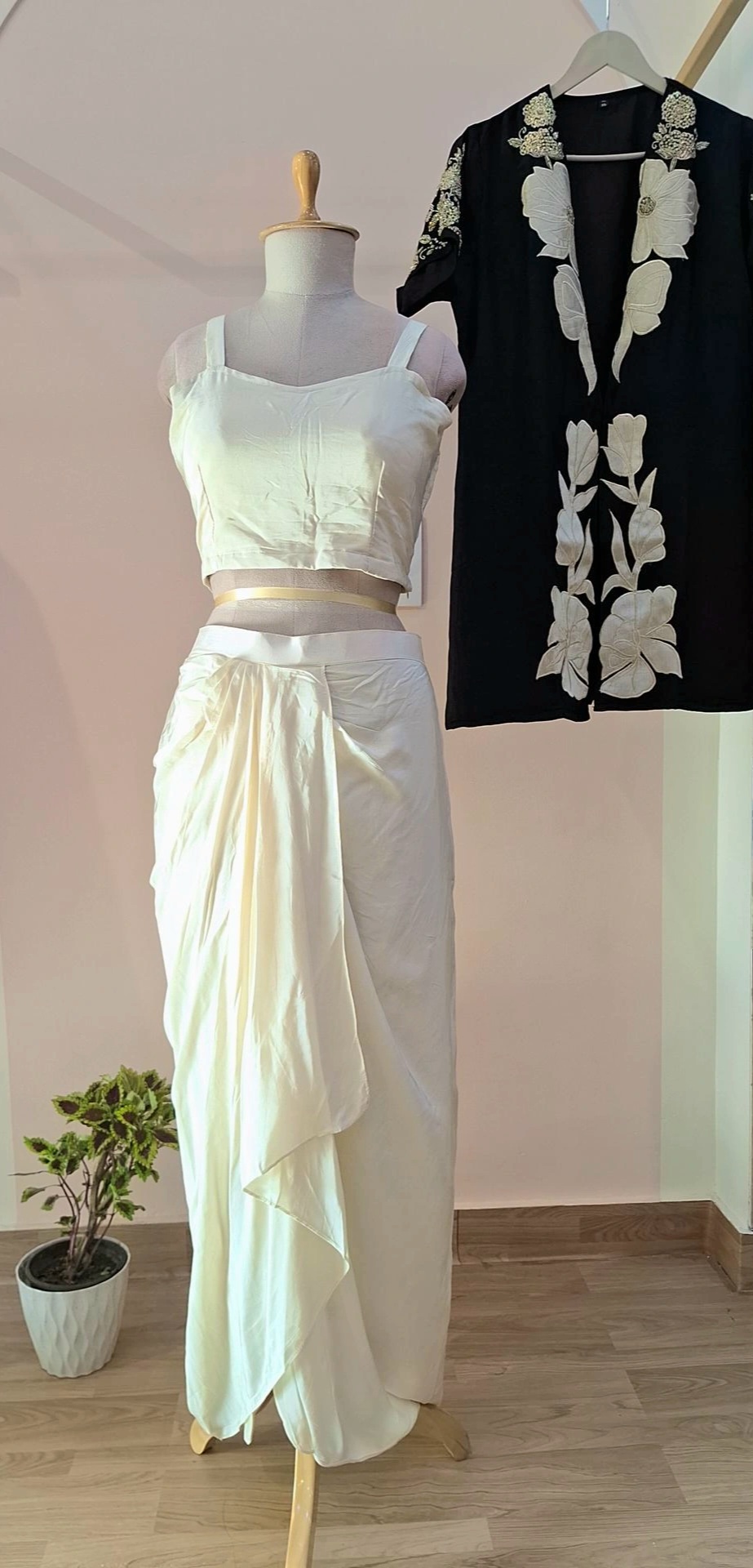 BLACK AND CREAM CROP WITH DHOTI AND JACKET SHRUG SET