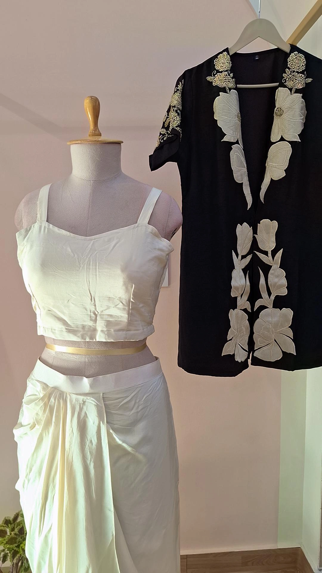 BLACK AND CREAM CROP WITH DHOTI AND JACKET SHRUG SET