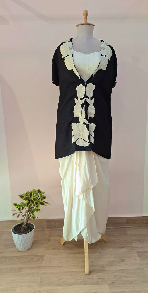 Image of BLACK AND CREAM CROP WITH DHOTI AND JACKET SHRUG SET