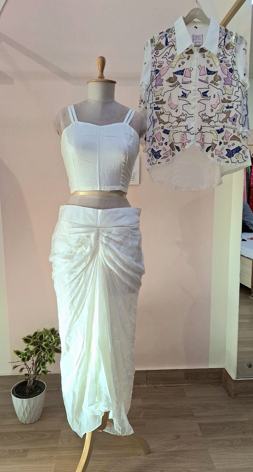 WHITE CROP TOP WITH DHOTI AND SHIRT CROP CAPE SET