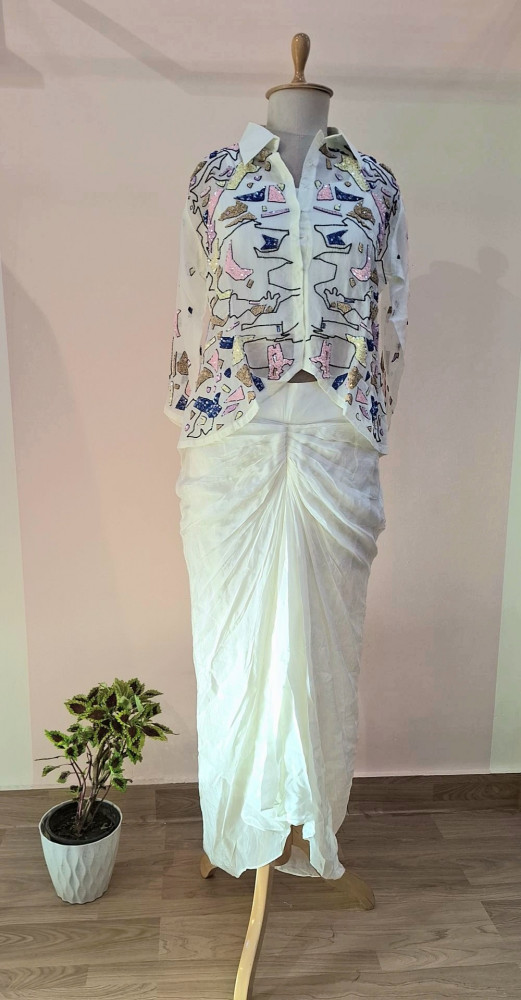 Image of WHITE CROP TOP WITH DHOTI AND SHIRT CROP CAPE SET