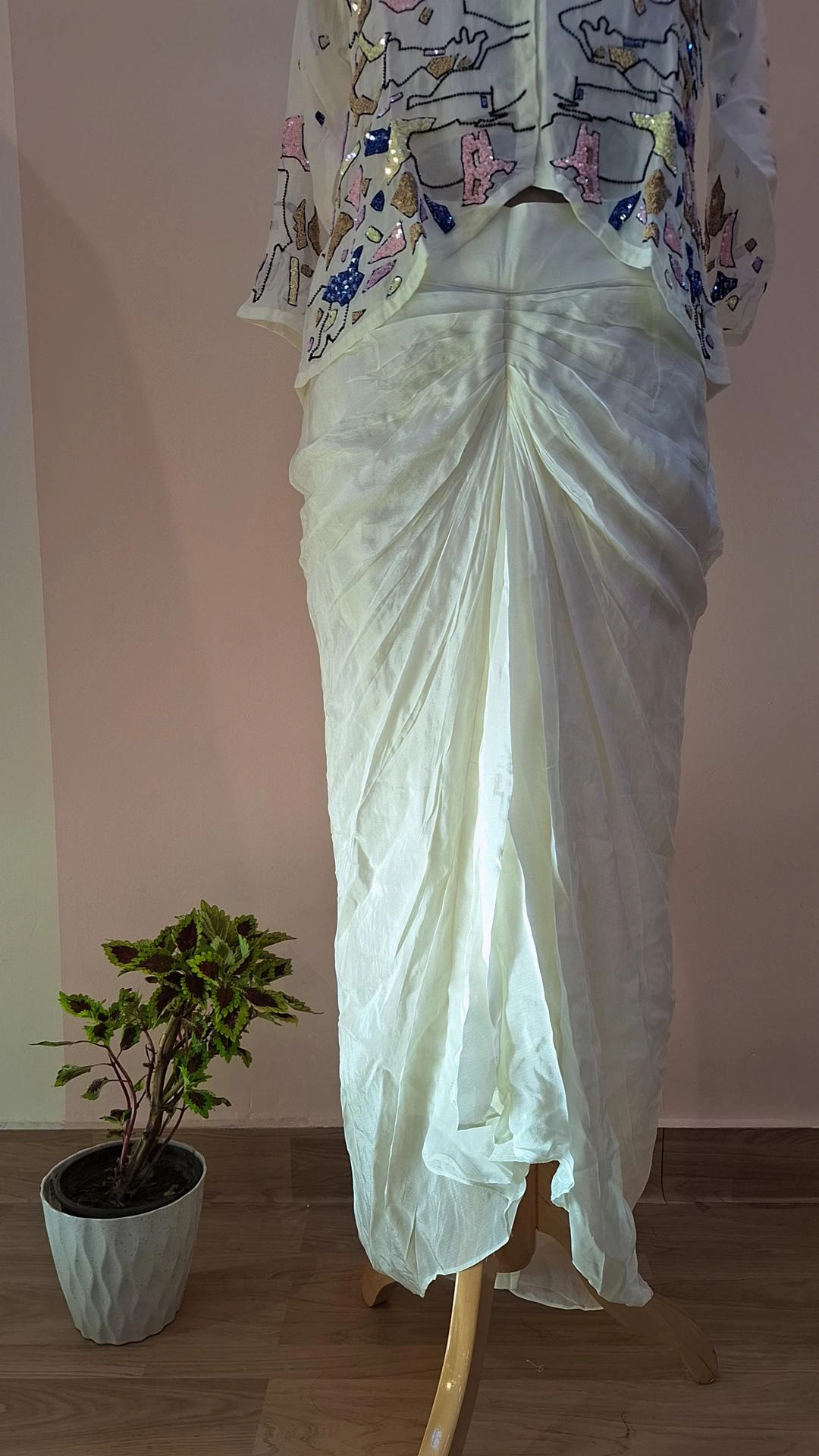 WHITE CROP TOP WITH DHOTI AND SHIRT CROP CAPE SET
