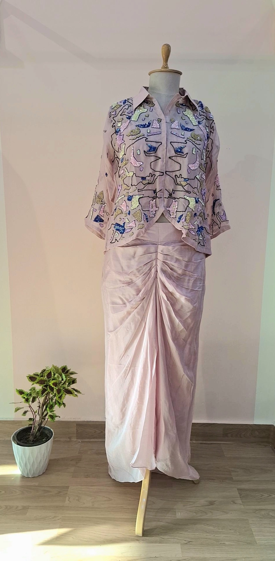 BLUSH PINK INNER WITH DHOTI AND SHIRT CROP CAPE SET