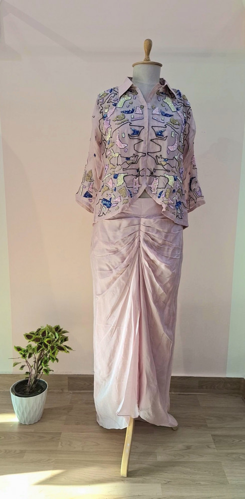 Image of BLUSH PINK INNER WITH DHOTI AND SHIRT CROP CAPE SET