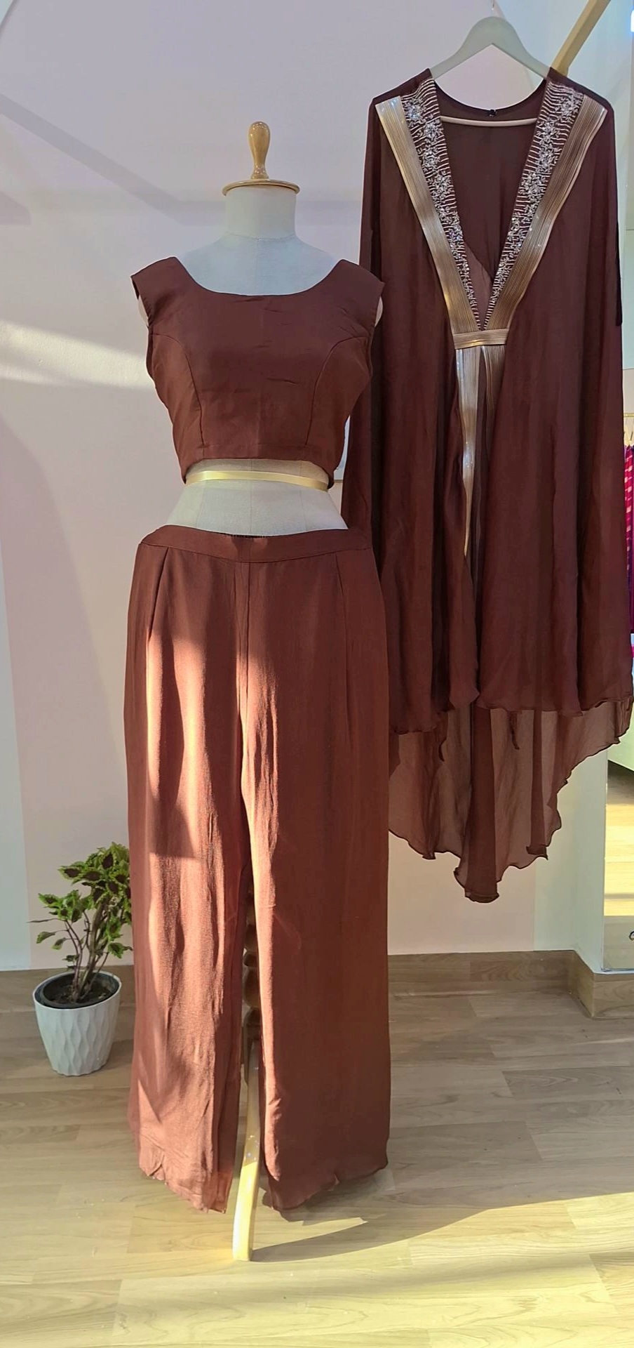 BROWN CHINON CROP TOP WITH PANT AND CAPE SET