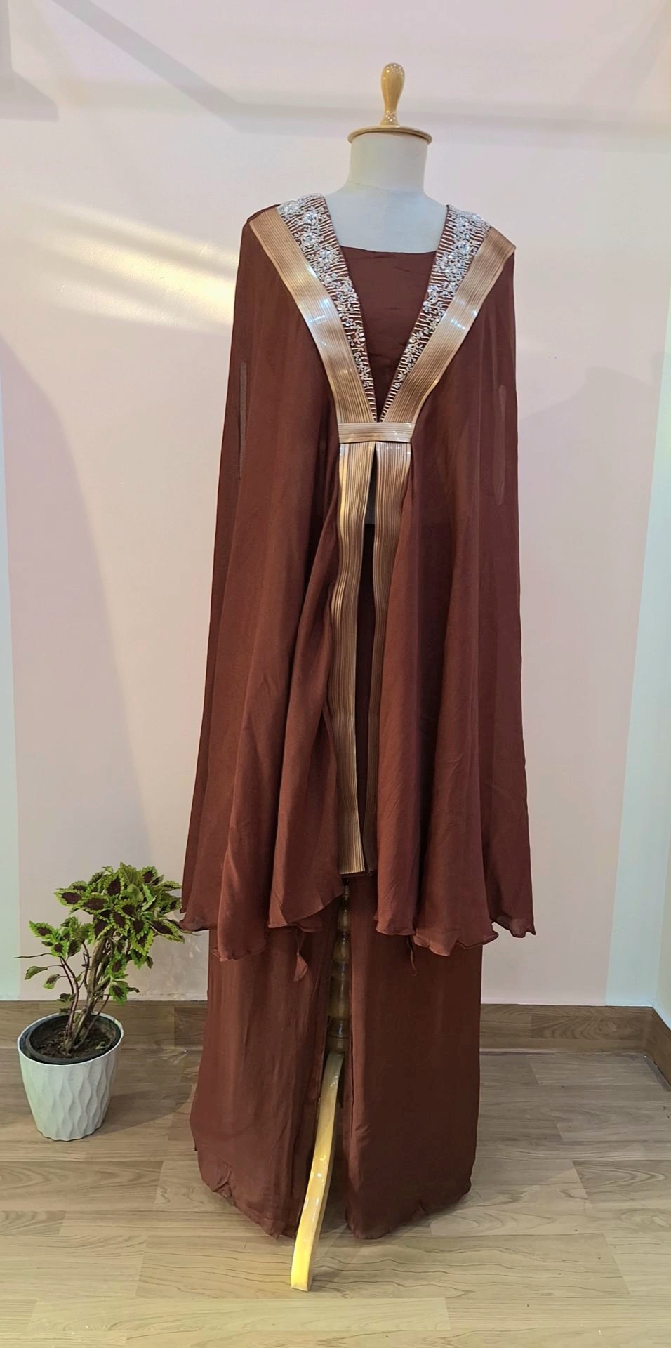 BROWN CHINON CROP TOP WITH PANT AND CAPE SET