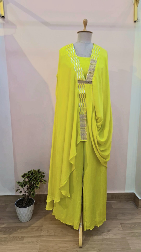 Image of LIRIL GREEN CROP TOP WITH PANT WITH CAPE SET