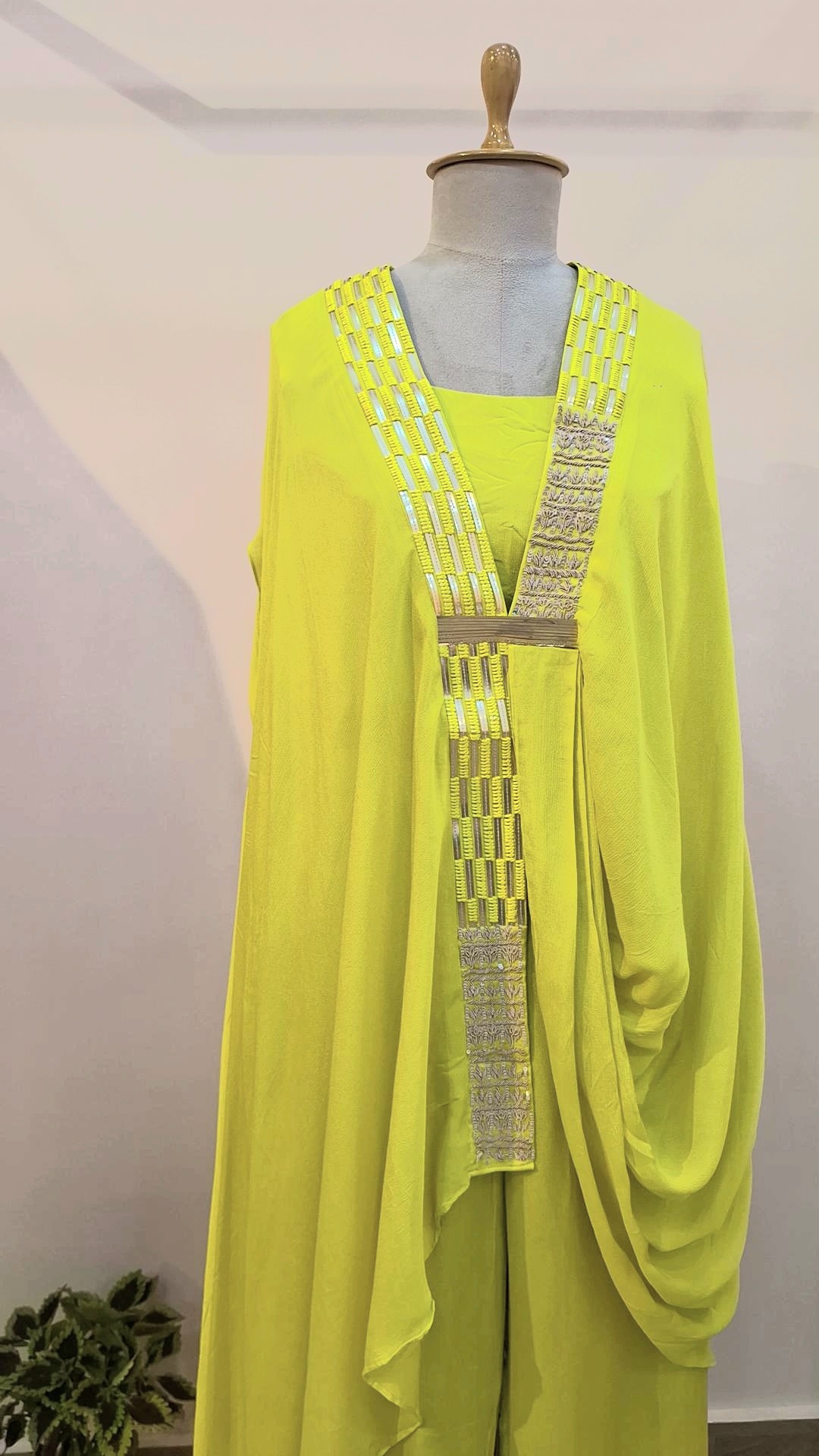 LIRIL GREEN CROP TOP WITH PANT WITH CAPE SET
