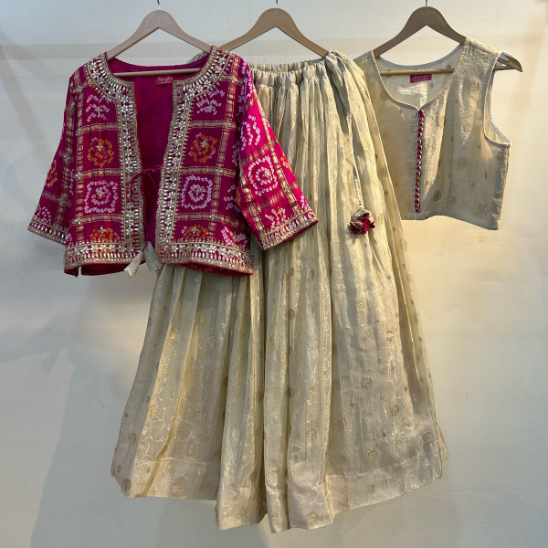 Magenta Bandhani Jacket Lehenga Set