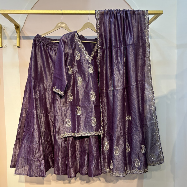 Purple Sequins Embroidered Tissue Indo Western