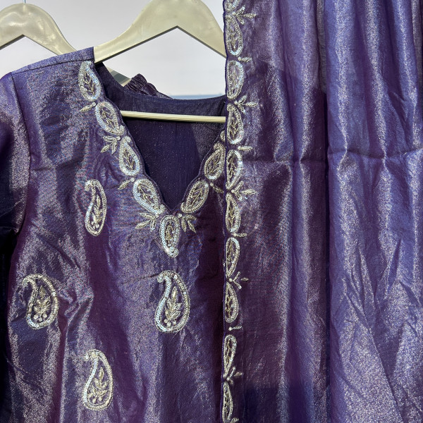 Purple Sequins Embroidered Tissue Indo Western