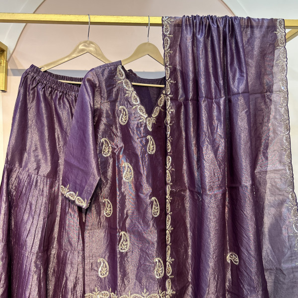 Purple Sequins Embroidered Tissue Indo Western