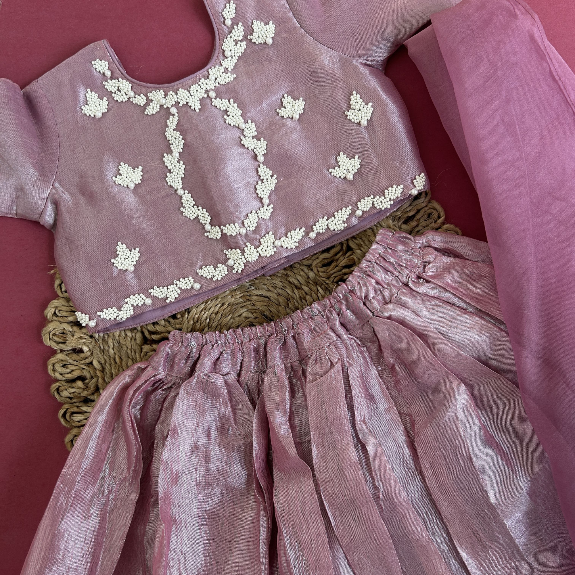 Mauve Tissue Crop Top  Flared Skirt Set