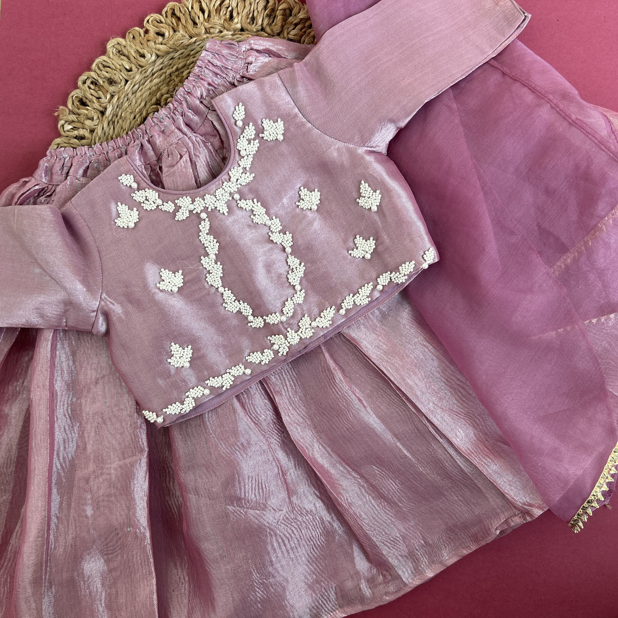 Mauve Tissue Crop Top  Flared Skirt Set