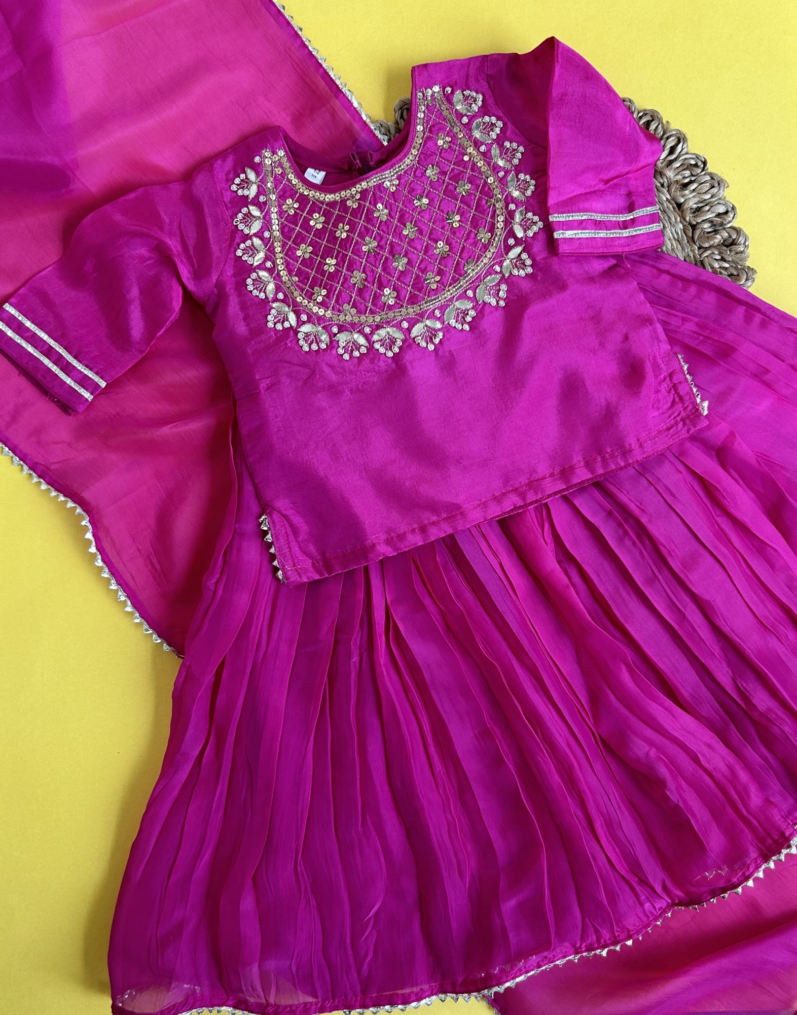 Hand Embroidered Magenta Silk Kurti  Skirt Set