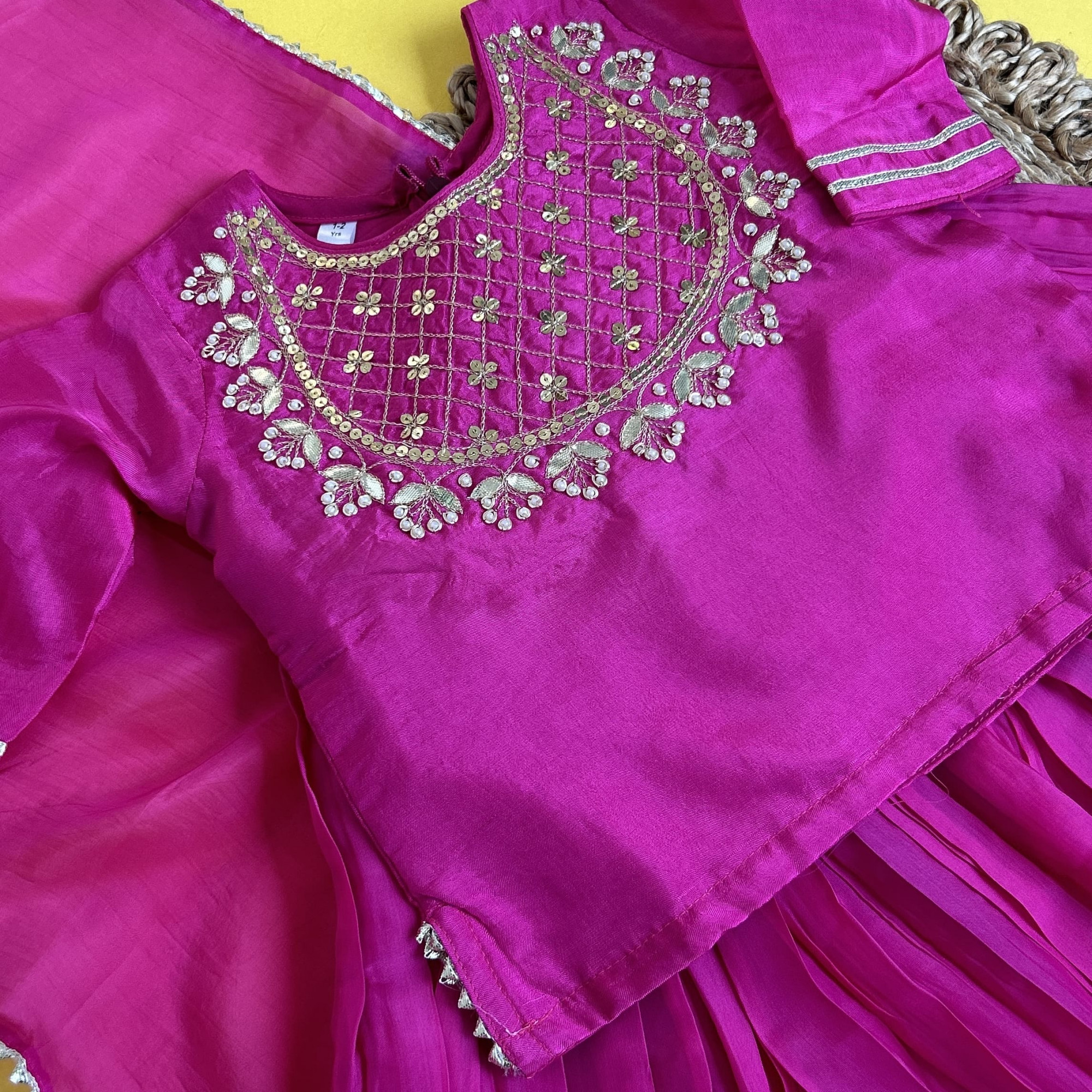 Hand Embroidered Magenta Silk Kurti  Skirt Set
