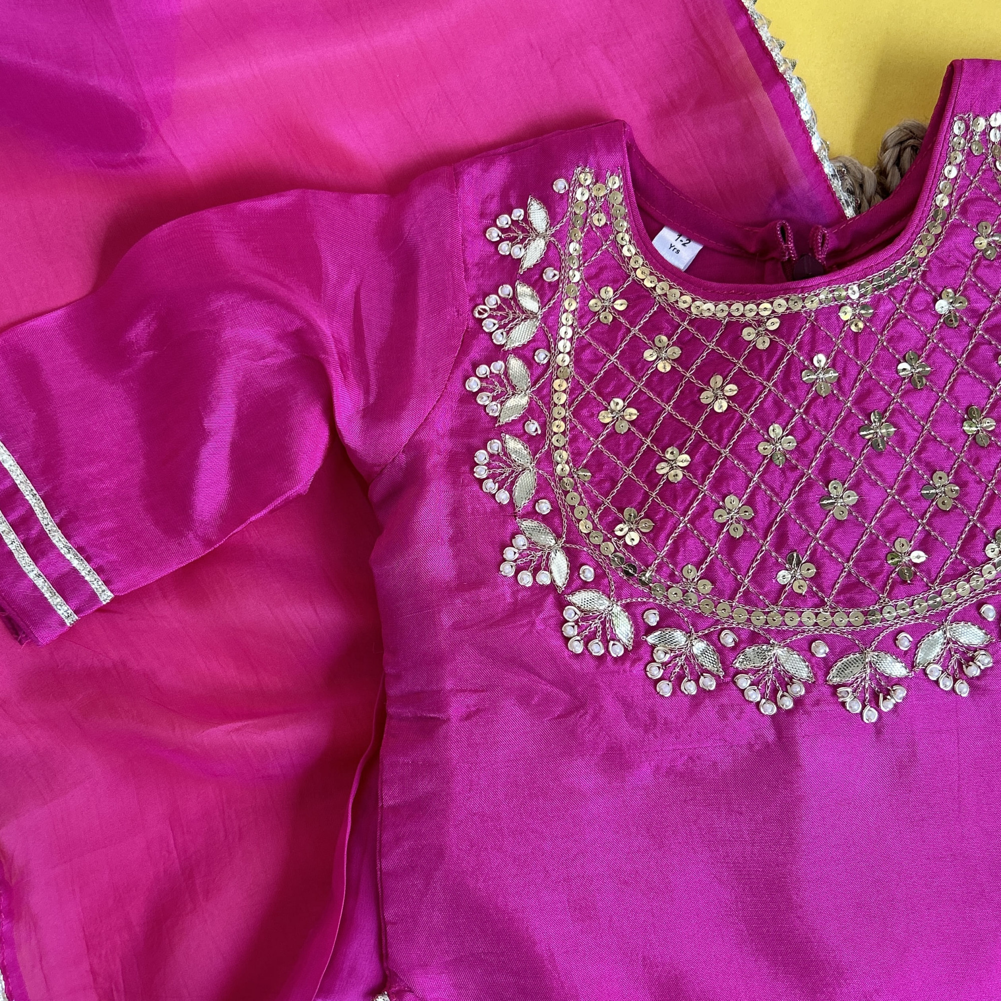 Hand Embroidered Magenta Silk Kurti  Skirt Set