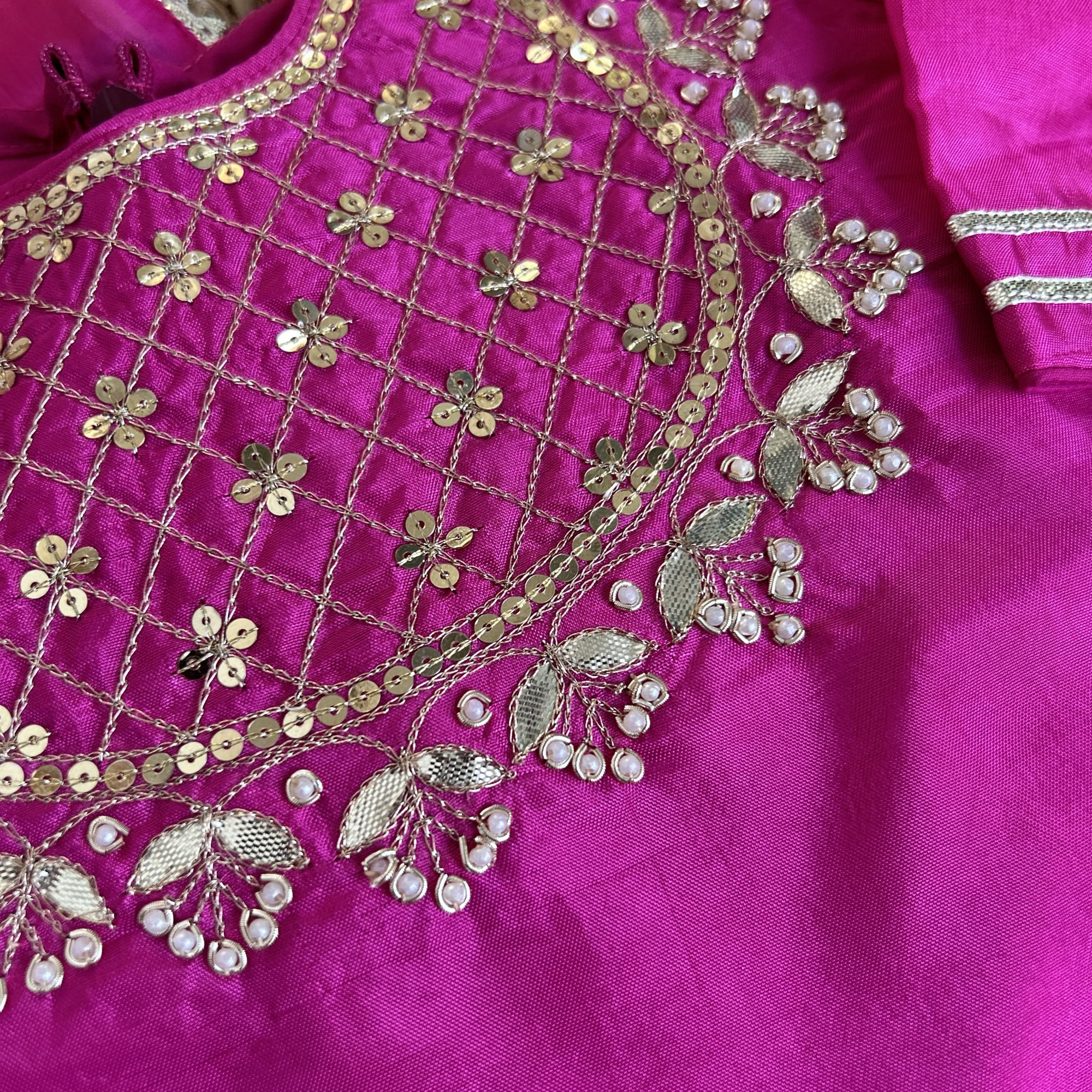 Hand Embroidered Magenta Silk Kurti  Skirt Set