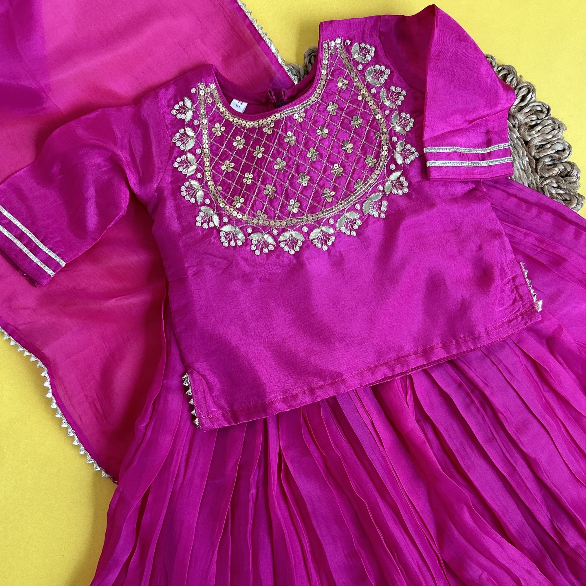 Hand Embroidered Magenta Silk Kurti  Skirt Set