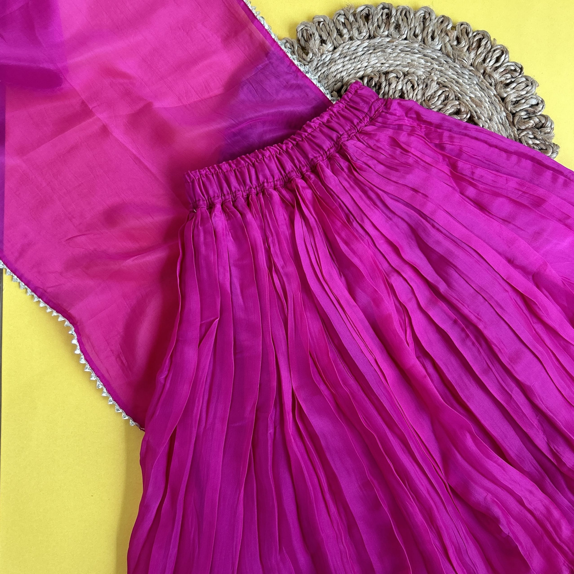 Hand Embroidered Magenta Silk Kurti  Skirt Set