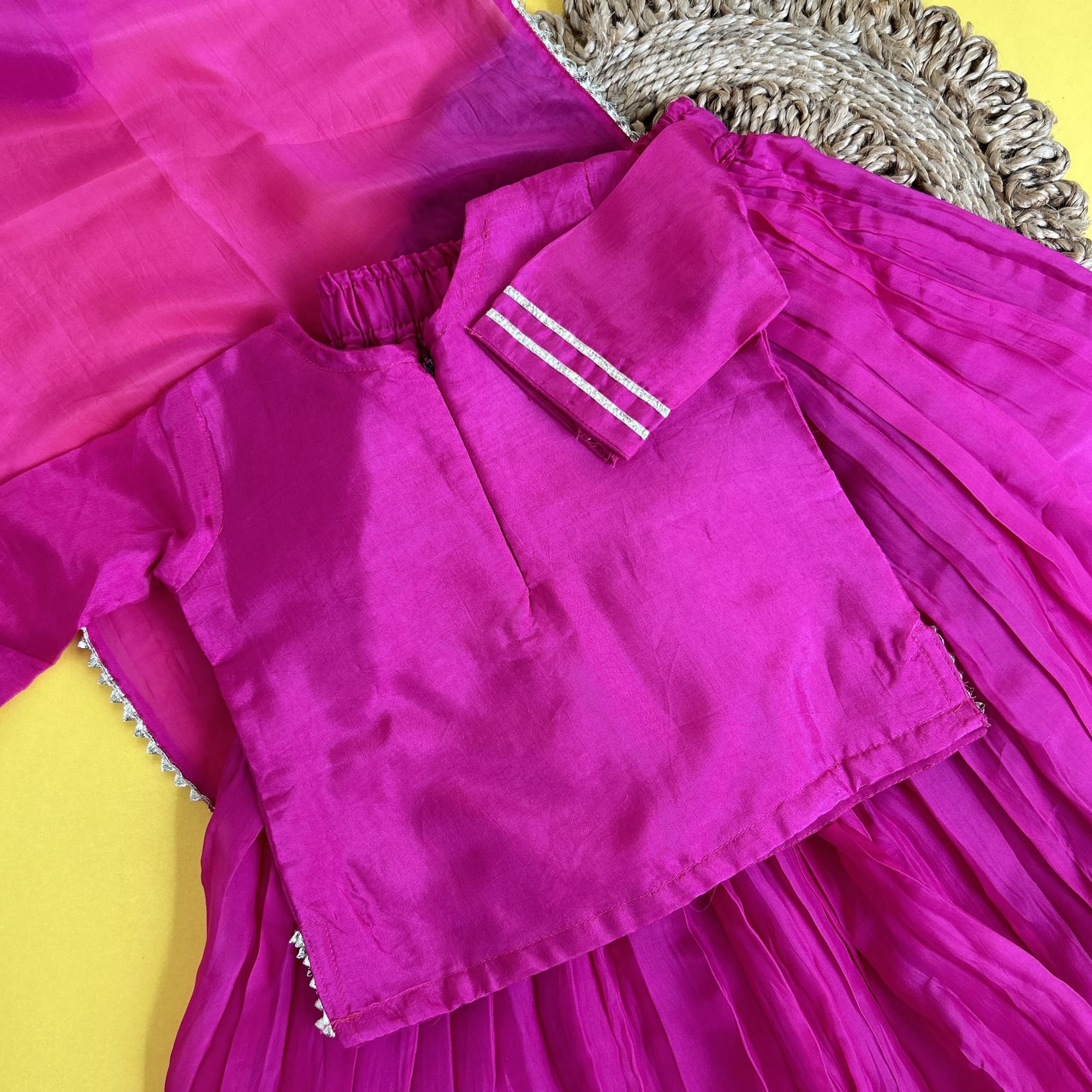 Hand Embroidered Magenta Silk Kurti  Skirt Set