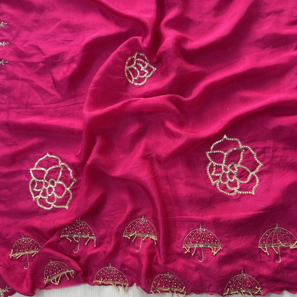 Magenta Hand-Embroidered Tissue Chanderi Saree